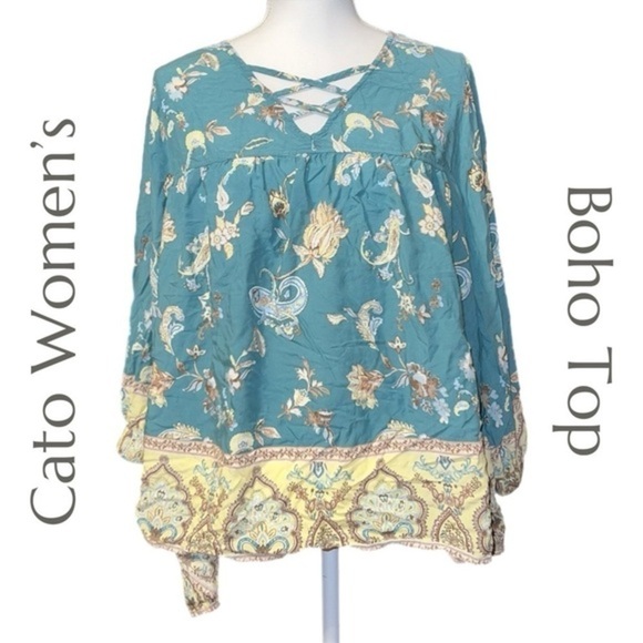 Cato Tops - Cato Women's Plus - Peasant Boho Paisley Green Flowy Blouse - Size XL